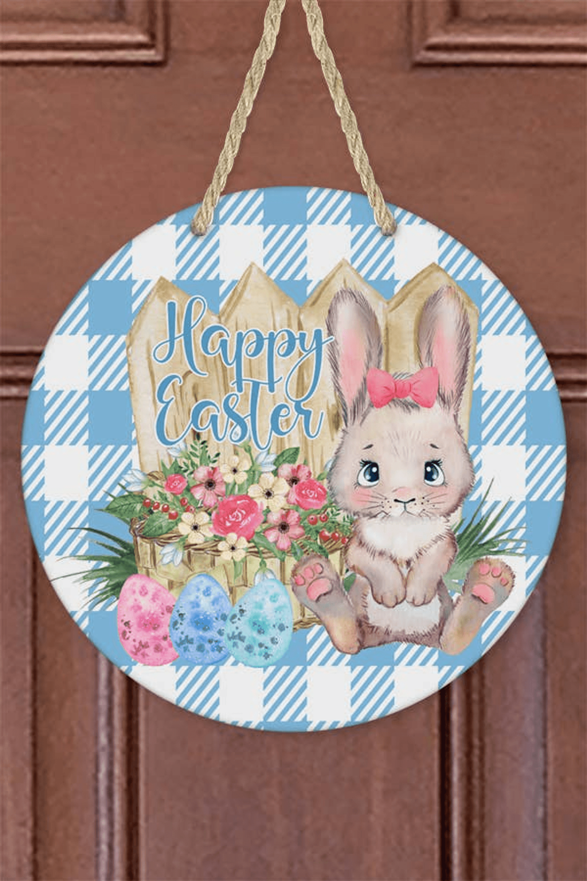 Easter Blue Plaid Bunny Eggs Door Hanger