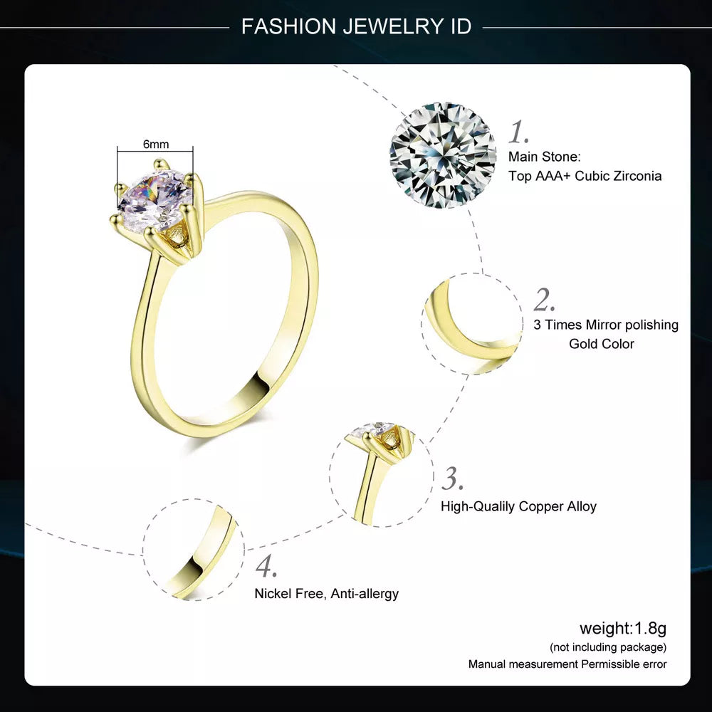 Classic 1 Carat Crystal Wedding Ring For Women Zirconia Gold Color
