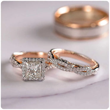 Huitan Luxury Princess Cut Cubic Zircon Bridal Marriage Set Rings