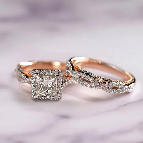 Huitan Luxury Princess Cut Cubic Zircon Bridal Marriage Set Rings