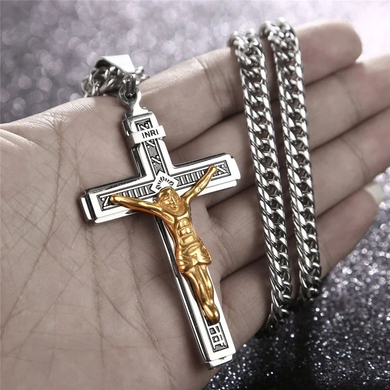 Vintage Jesus Cross Pendant Men and Women Amulet Necklace Catholic