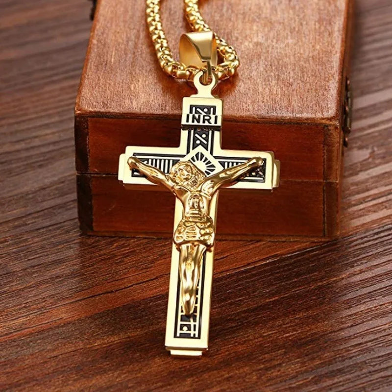 Vintage Jesus Cross Pendant Men and Women Amulet Necklace Catholic