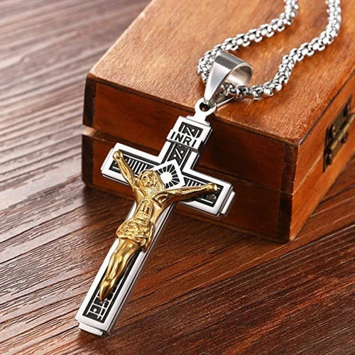Vintage Jesus Cross Pendant Men and Women Amulet Necklace Catholic