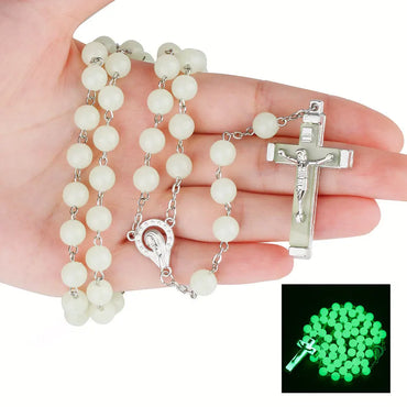 Glow In The Dark Rosary Necklace For Women INRI Crucifix Cross Pendant