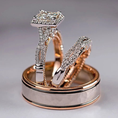 Huitan Luxury Princess Cut Cubic Zircon Bridal Marriage Set Rings