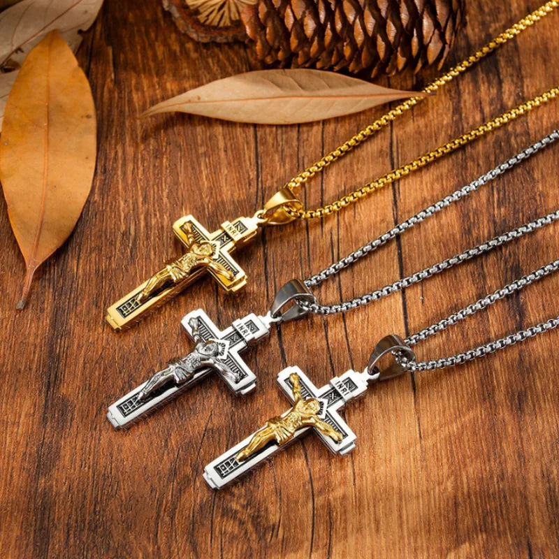 Vintage Jesus Cross Pendant Men and Women Amulet Necklace Catholic