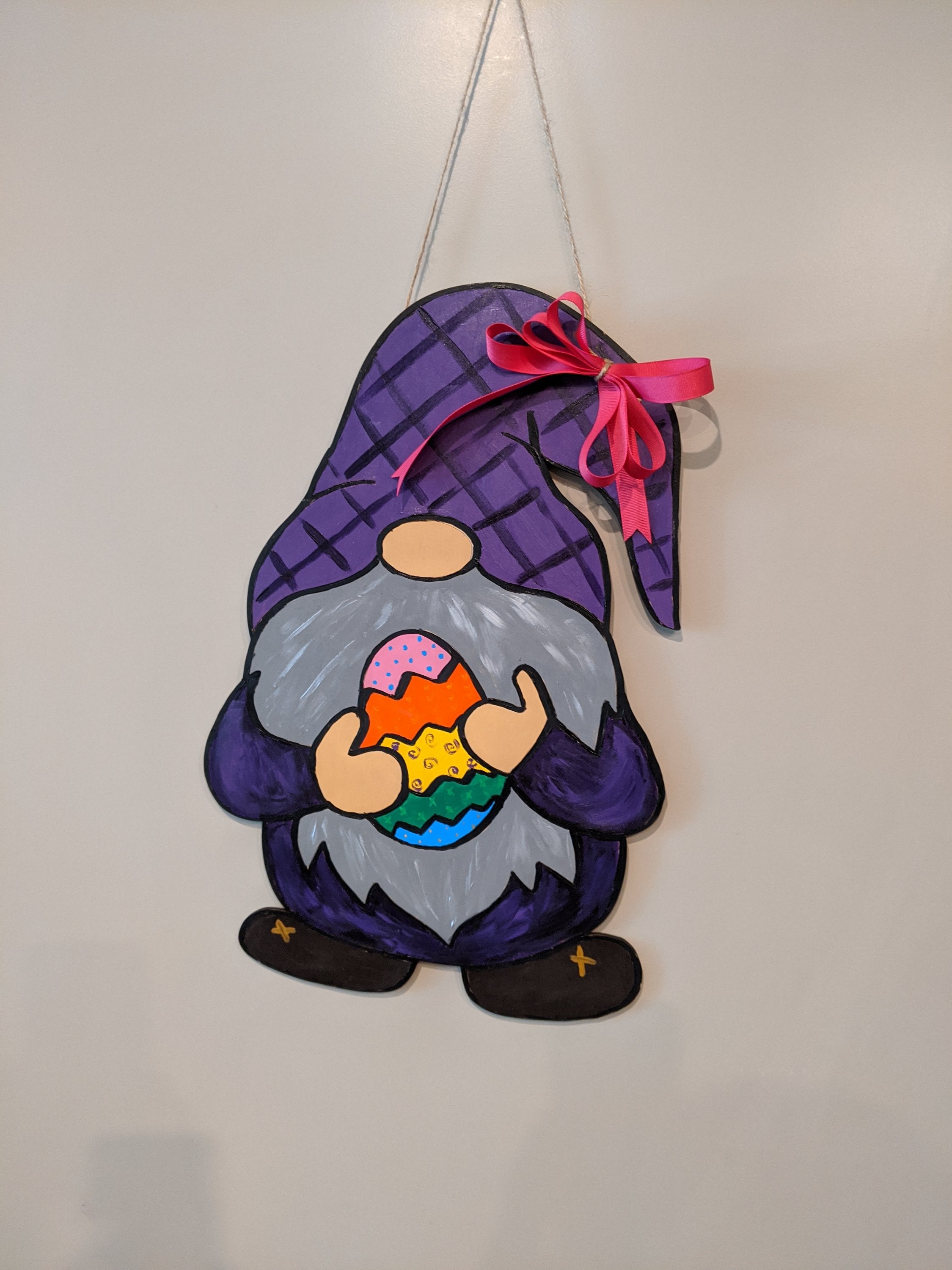 Hanpainted wooden gnome door hanger