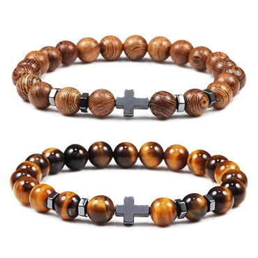 Prayer Men Natural Stone Wood Beads Rosary Hematite Cross Bracelets