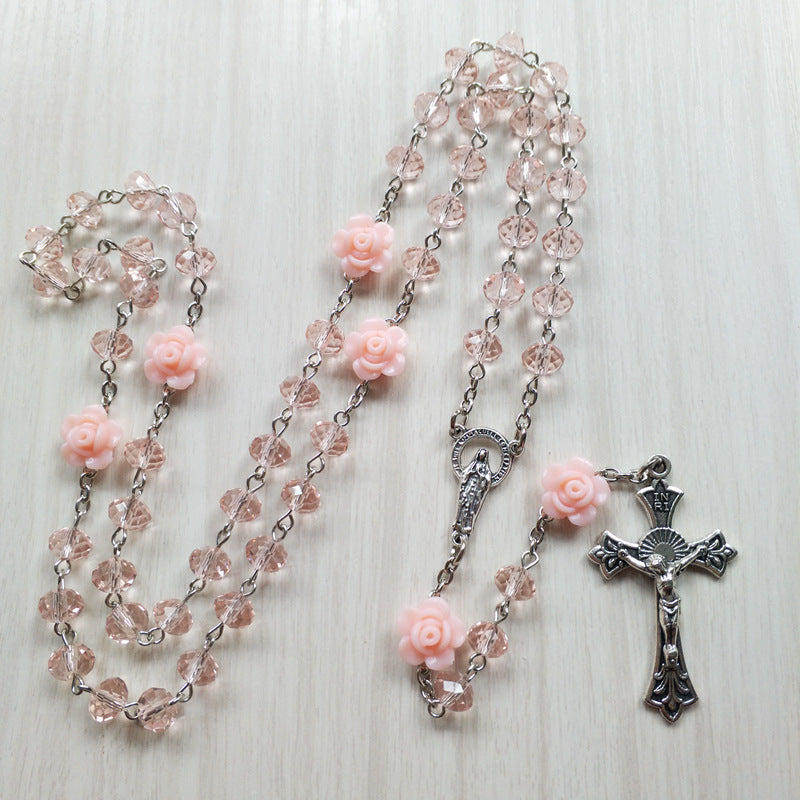 Qigo Pink Rose Crystal Rosary Necklace Catholic Vintage Cross Pendant