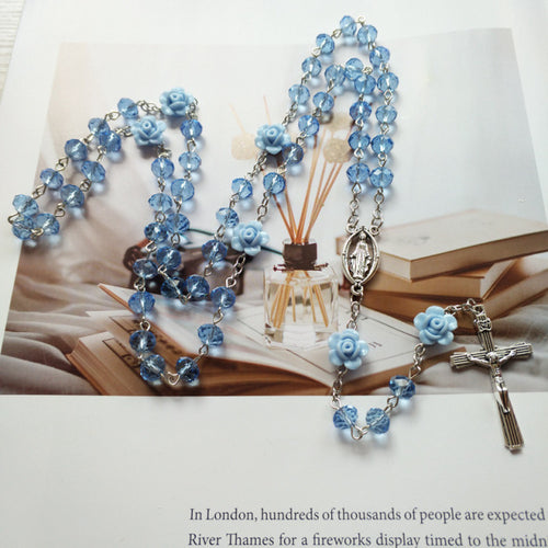 Qigo Pink Rose Crystal Rosary Necklace Catholic Vintage Cross Pendant