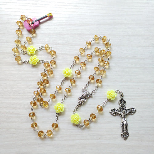 Qigo Pink Rose Crystal Rosary Necklace Catholic Vintage Cross Pendant