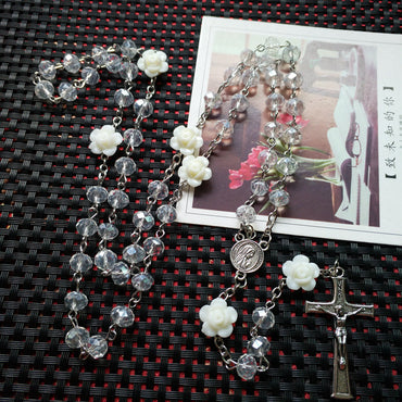 Qigo Pink Rose Crystal Rosary Necklace Catholic Vintage Cross Pendant