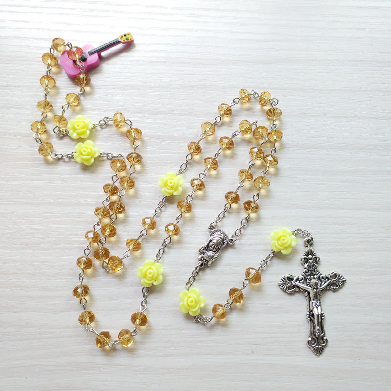 Qigo Pink Rose Crystal Rosary Necklace Catholic Vintage Cross Pendant