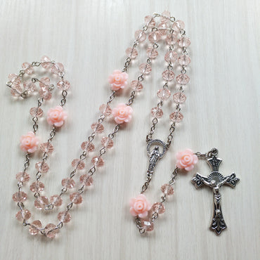 Qigo Pink Rose Crystal Rosary Necklace Catholic Vintage Cross Pendant