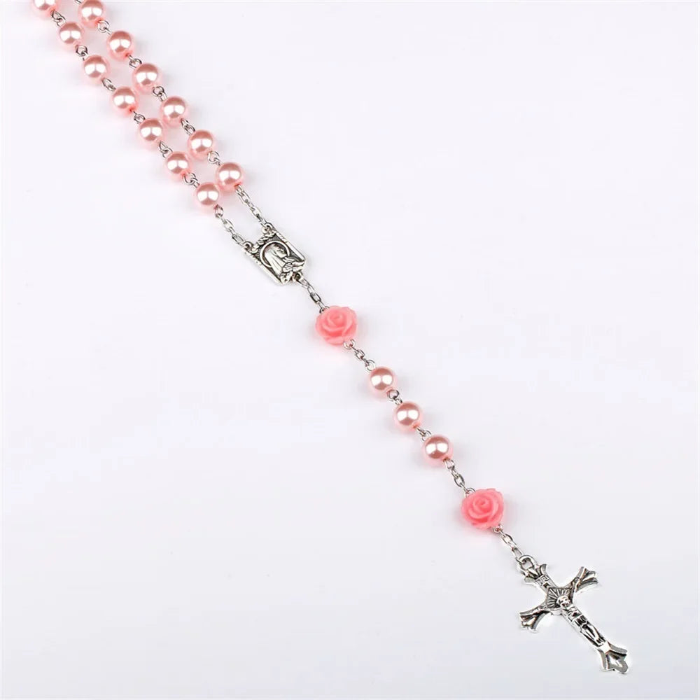 6MM Pink Rosary Necklace For Women Rose Glass Beads Chain Crucifix