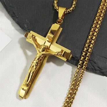 Jesus Cross Crucifix Pendant Necklace for Men Stainless Steel Gold