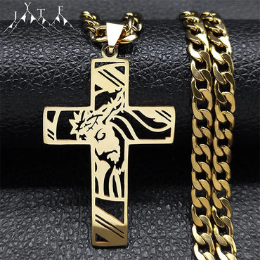 Hip Hop Punk Crown of Thorns Jesus Cross Necklace for Men Stainless