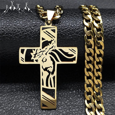 Hip Hop Punk Crown of Thorns Jesus Cross Necklace for Men Stainless