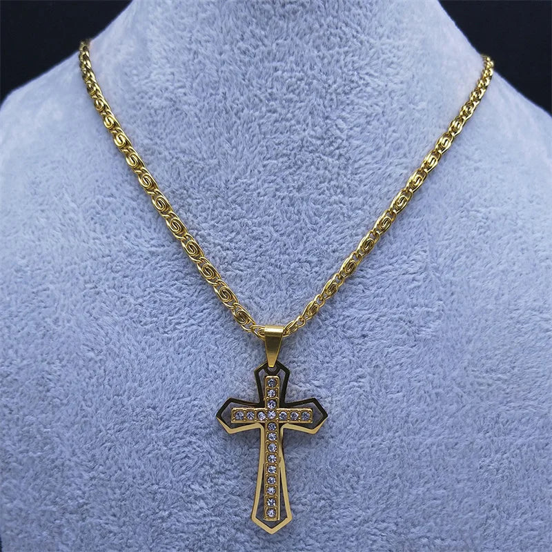 Catholic Cross Amulet Crystal Pendant Men Chain Necklace Gold Color
