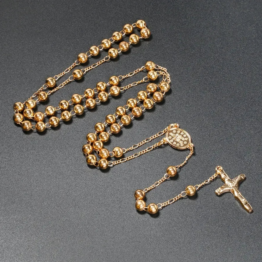 6MM Metal Beads Rosary Necklaces For Women Men Long Chain Crucifix