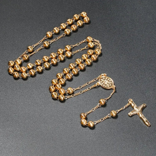 6MM Metal Beads Rosary Necklaces For Women Men Long Chain Crucifix