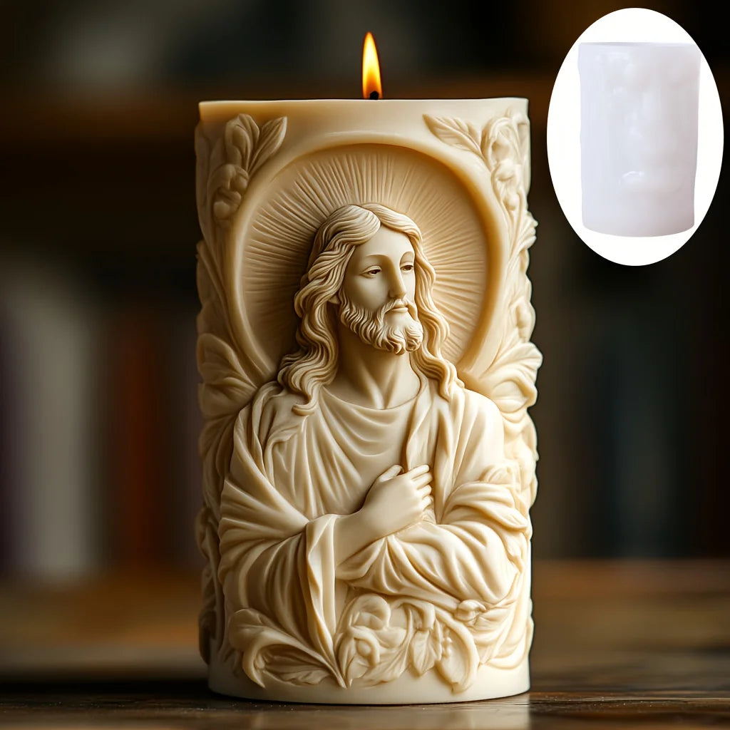 Prayer Jesus Relief Cylinder Candle Silicone Mold Flower Jesus Statue