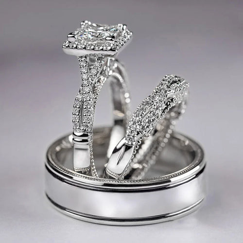 Huitan Luxury Princess Cut Cubic Zircon Bridal Marriage Set Rings