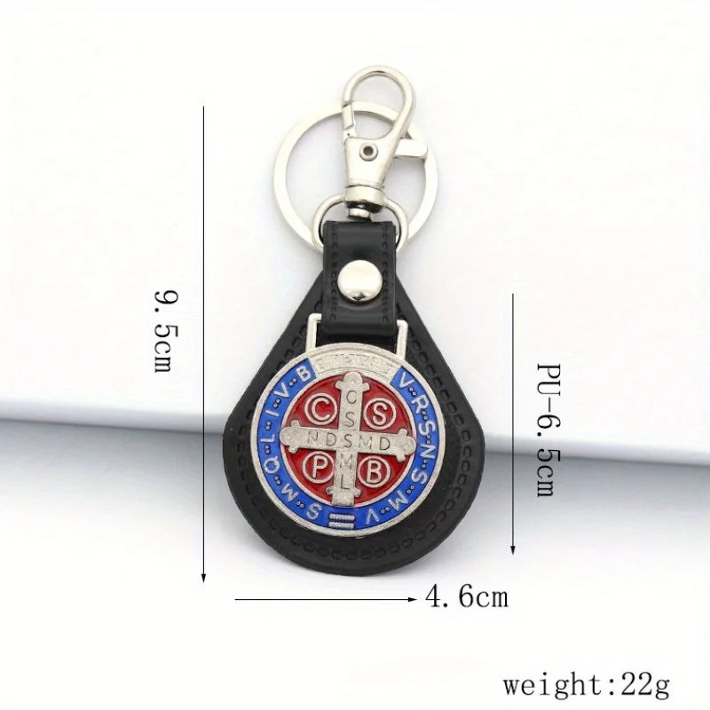 2pcs PU Leather St Benedict Pendant Key Chain Keyring Religious Jesus