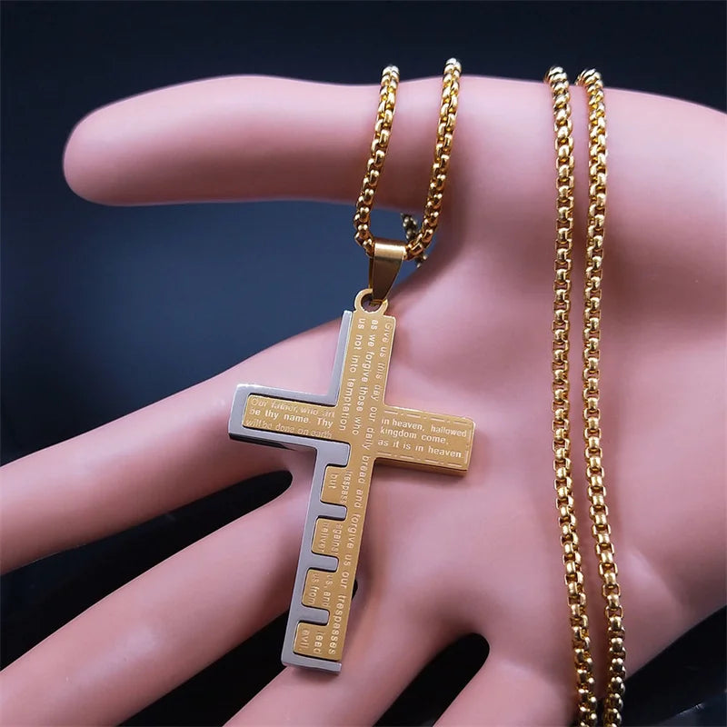 Cross Christian Church Prayer Necklace Men Stainless Steel Gold Color