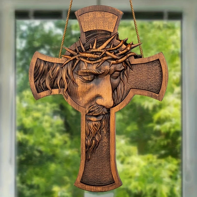 2D Flat Retro Wooden Cross Decoration with Thorn Crown Jesus Christian