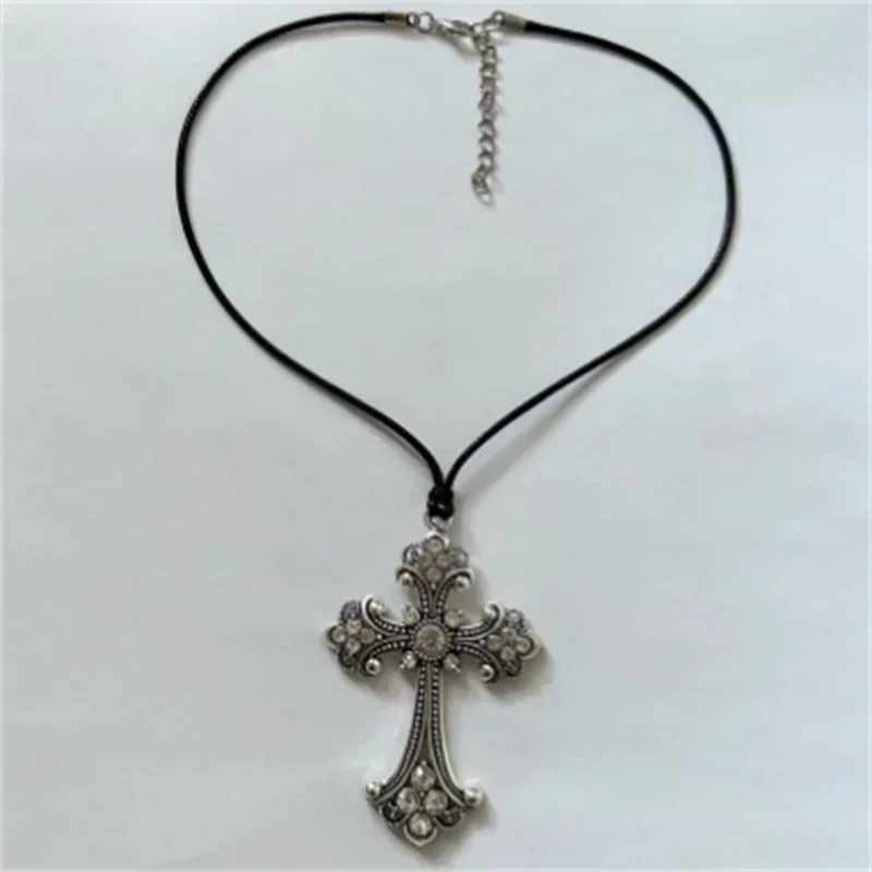 Large Detailed Rhinestone Cross Choker Spiral Hippie Necklace Goth