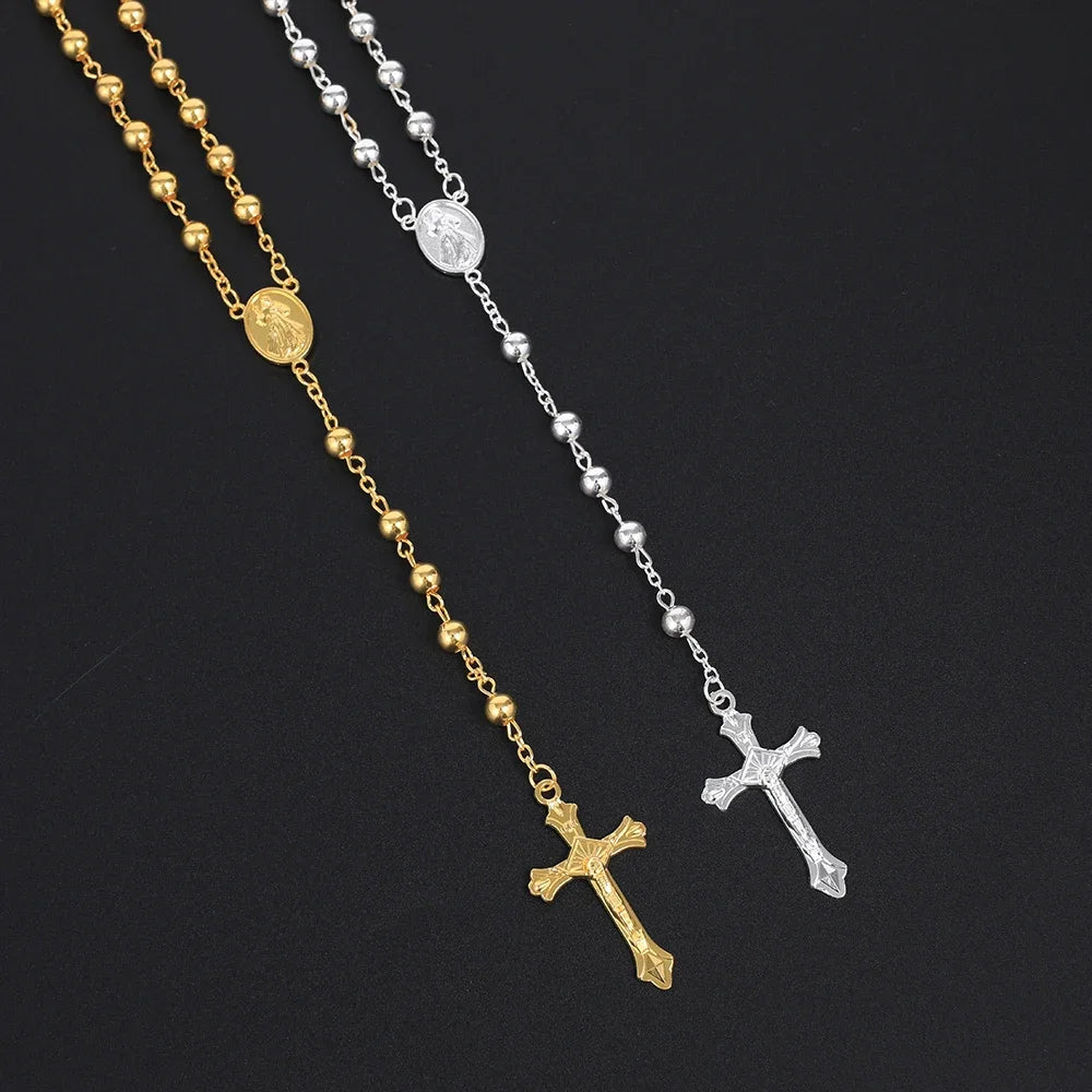 6MM Rosary Necklaces For Women Men Long Gold Silver Color Chain