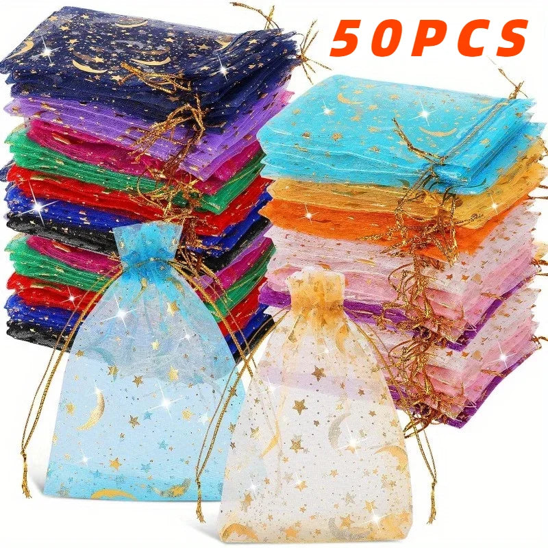 50PCS Moon Stars Drawstring Organza Bags Jewelry Gift Bags Pouches