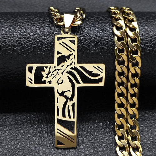Hip Hop Punk Crown of Thorns Jesus Cross Necklace for Men Stainless