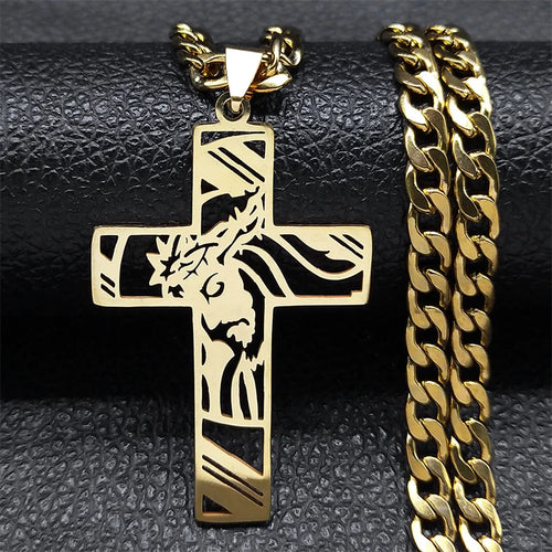 Hip Hop Punk Crown of Thorns Jesus Cross Necklace for Men Stainless