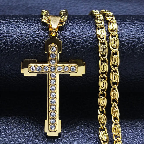 Catholic Cross Amulet Crystal Pendant Men Chain Necklace Gold Color