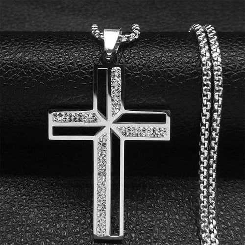 Catholic Cross Amulet Crystal Pendant Men Chain Necklace Gold Color
