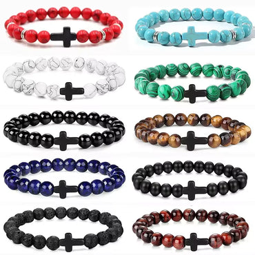 Prayer Men Natural Stone Wood Beads Rosary Hematite Cross Bracelets
