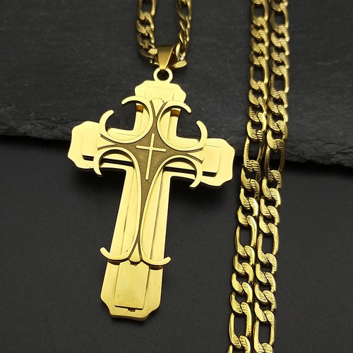 Jesus Cross Crucifix Pendant Necklace for Men Stainless Steel Gold
