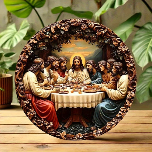 2D 8in Wooden Circular Disc Jesus and Disciples Flat Christian