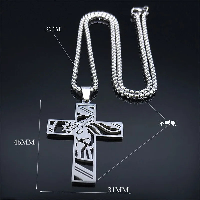 Hip Hop Punk Crown of Thorns Jesus Cross Necklace for Men Stainless