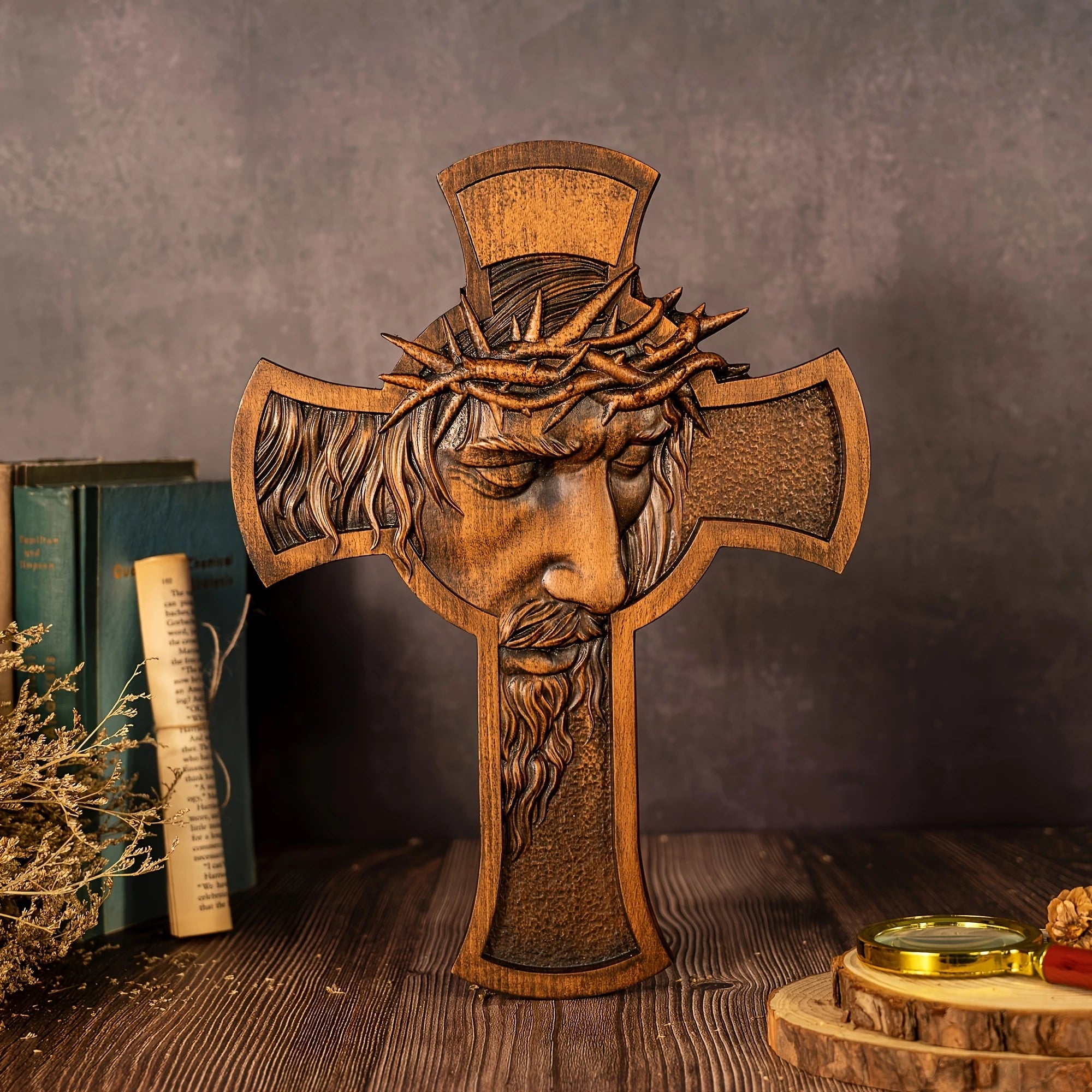 2D Flat Retro Wooden Cross Decoration with Thorn Crown Jesus Christian