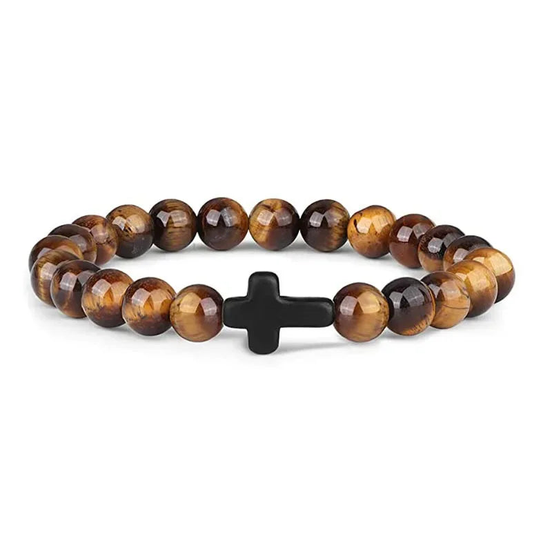 Prayer Men Natural Stone Wood Beads Rosary Hematite Cross Bracelets