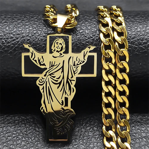 Hip Hop Punk Crown of Thorns Jesus Cross Necklace for Men Stainless