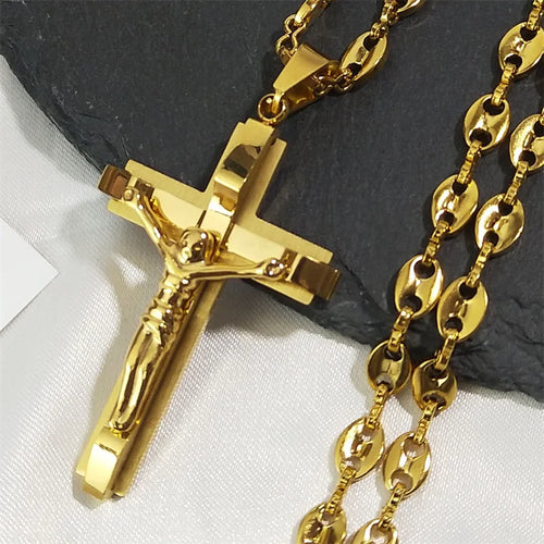 Jesus Cross Crucifix Pendant Necklace for Men Stainless Steel Gold