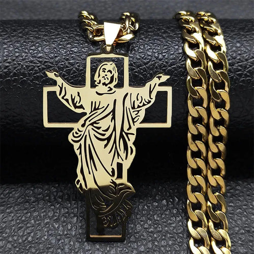 Hip Hop Punk Crown of Thorns Jesus Cross Necklace for Men Stainless