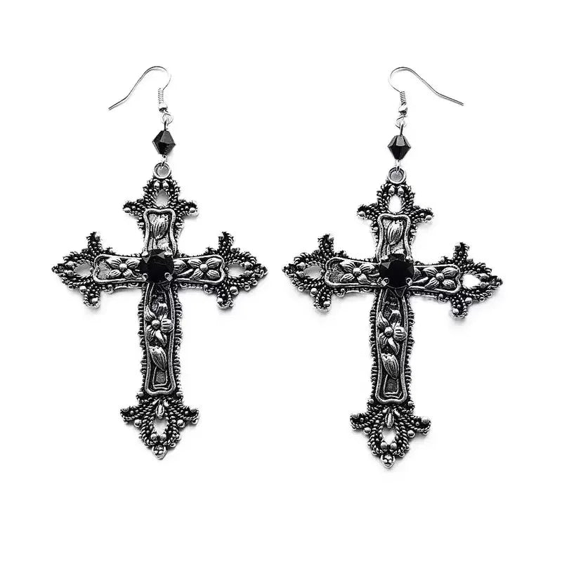 Punk Dazzle Goth detail Crucifix Black Zircon Jewelry Earrings Silver