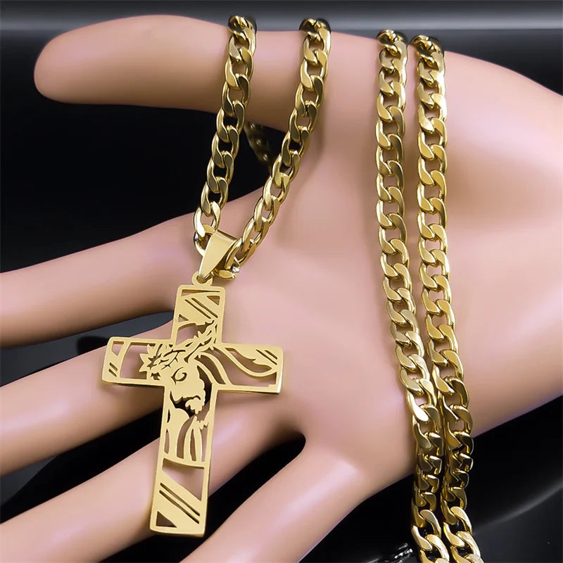 Hip Hop Punk Crown of Thorns Jesus Cross Necklace for Men Stainless