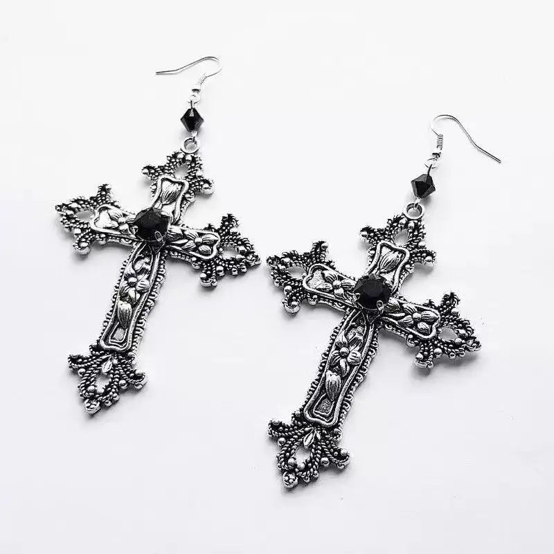 Punk Dazzle Goth detail Crucifix Black Zircon Jewelry Earrings Silver
