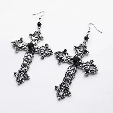 Punk Dazzle Goth detail Crucifix Black Zircon Jewelry Earrings Silver